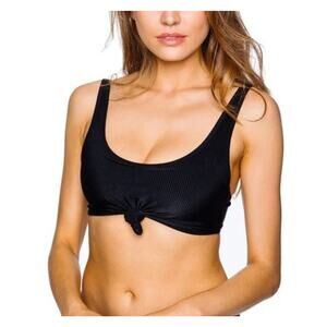 FRANKIES BIKINIS Black Ribbed Knotted Scoop Neck Wide Strap Greer Top Size XS
